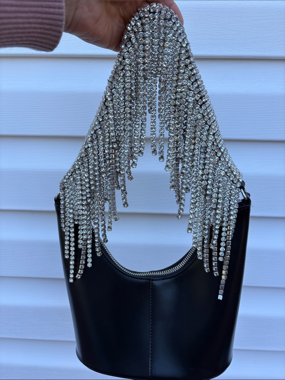 Kara Black Shoulder Bag with Rhinestone Fringe Handle